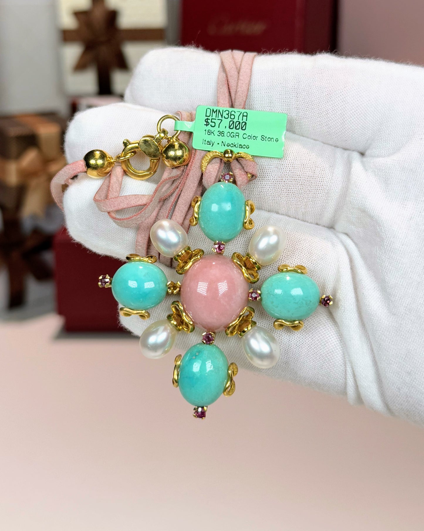 Turquoise and Pearl 18k Yellow Gold Pendant