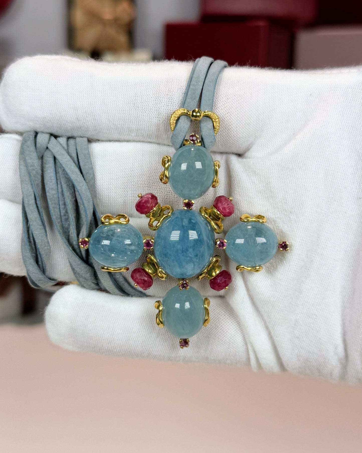 Aquamarine and Ruby 18k Yellow Gold Pendant