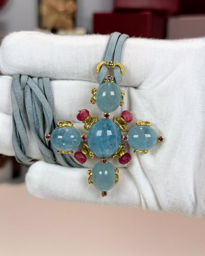 Aquamarine and Ruby 18k Yellow Gold Pendant
