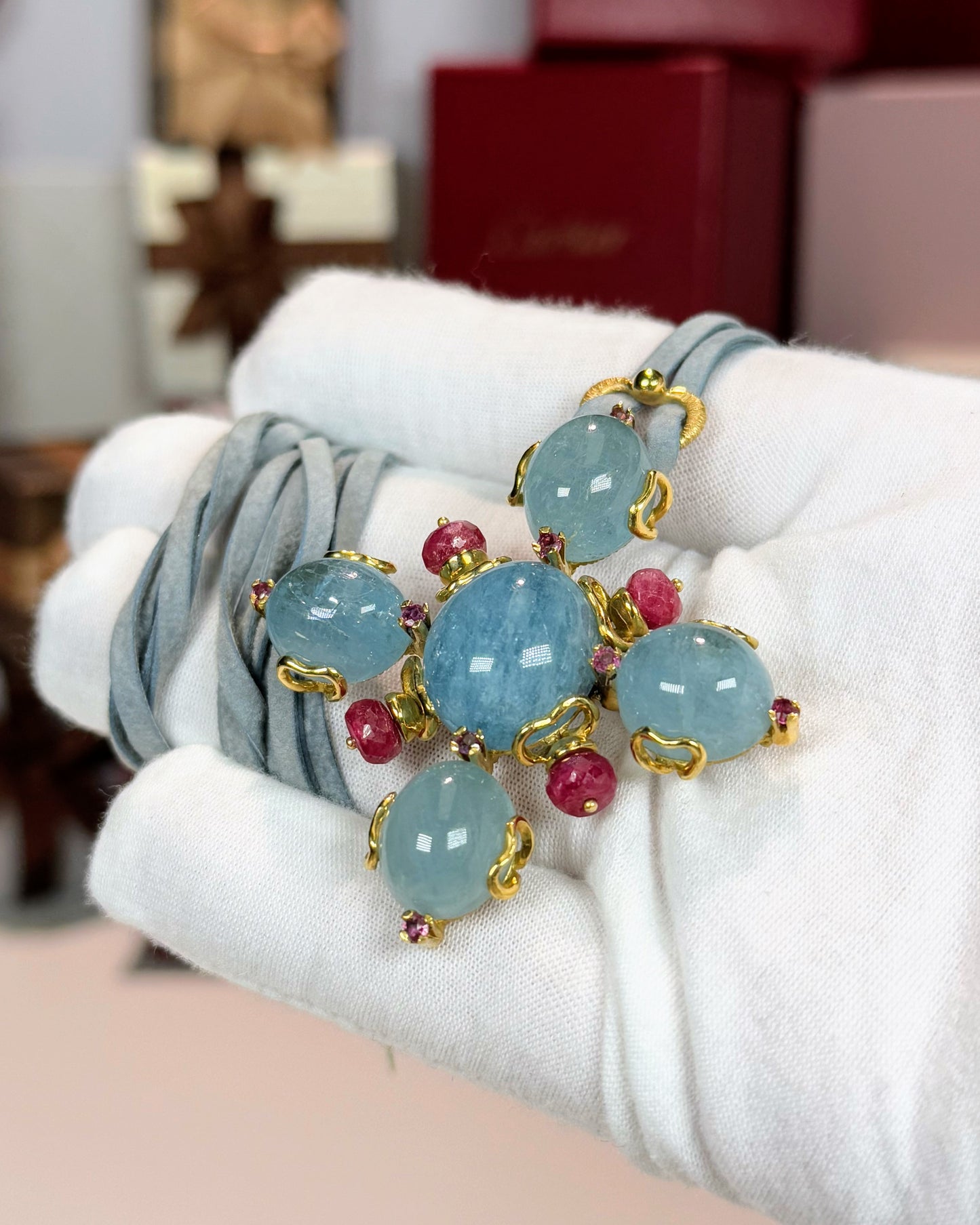 Aquamarine and Ruby 18k Yellow Gold Pendant
