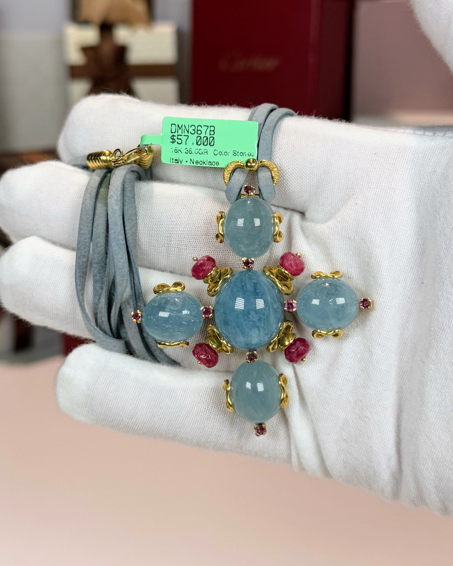 Aquamarine and Ruby 18k Yellow Gold Pendant