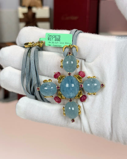 Aquamarine and Ruby 18k Yellow Gold Pendant