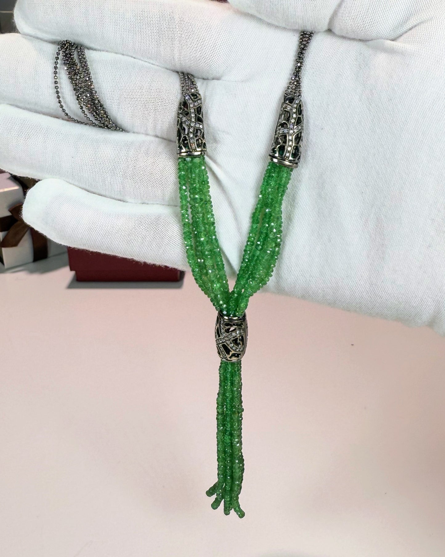 14k White Gold Emerald Tassel Necklace