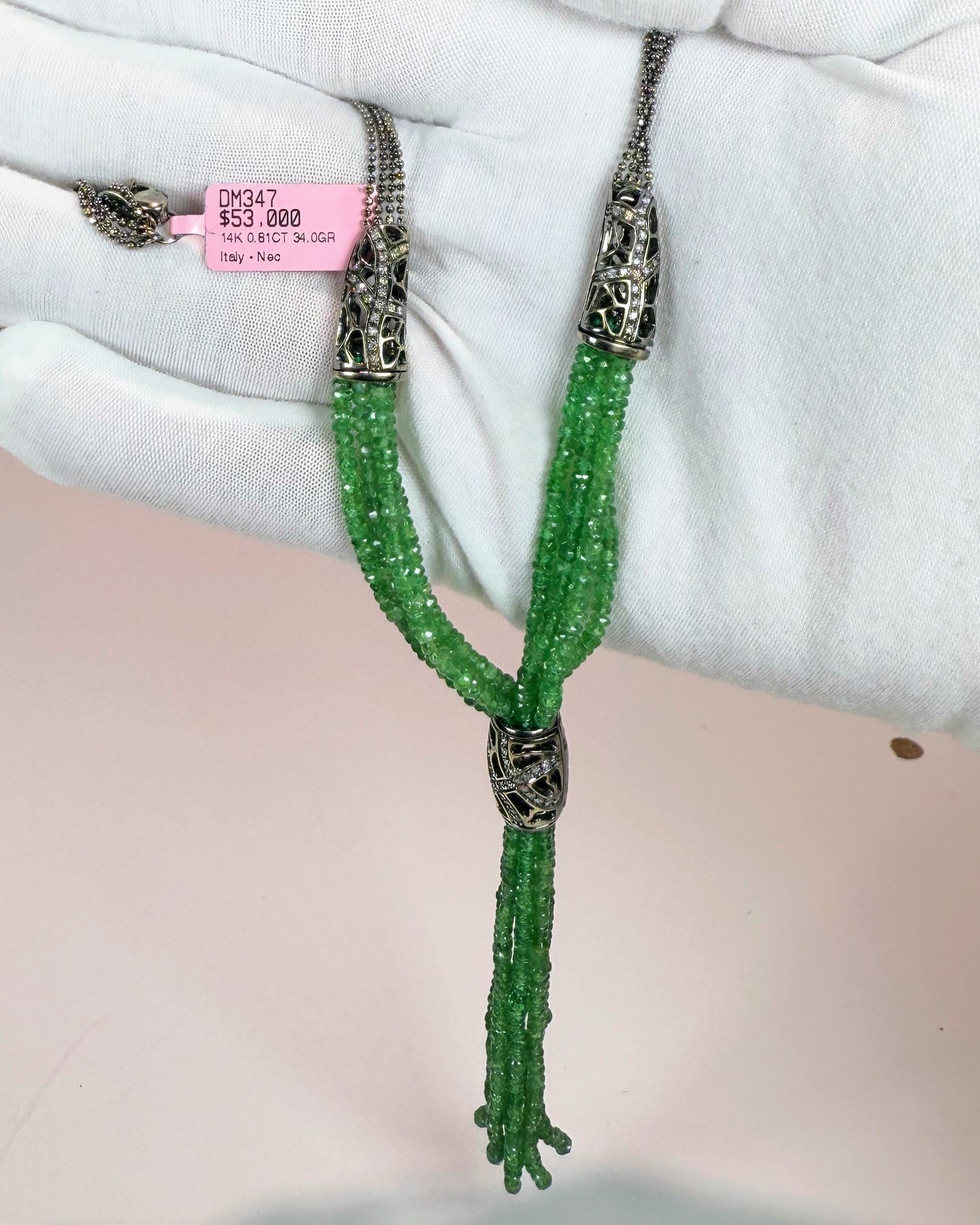 14k White Gold Emerald Tassel Necklace
