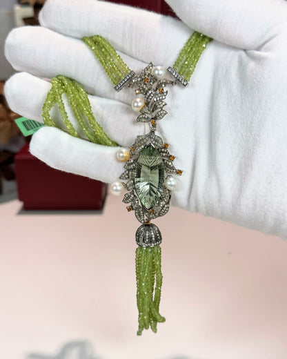 14k White Gold Peridot Tassel Necklace