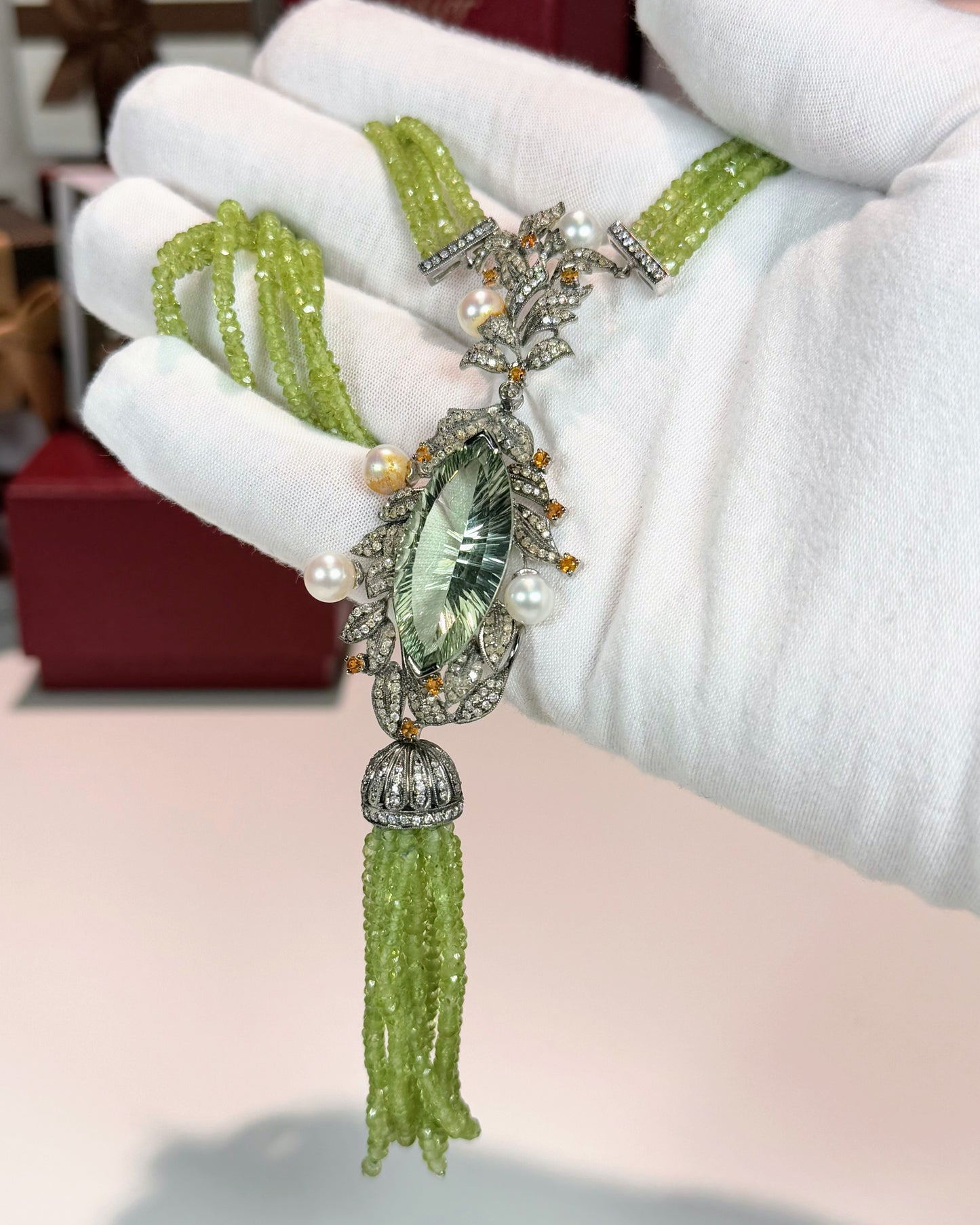 14k White Gold Peridot Tassel Necklace