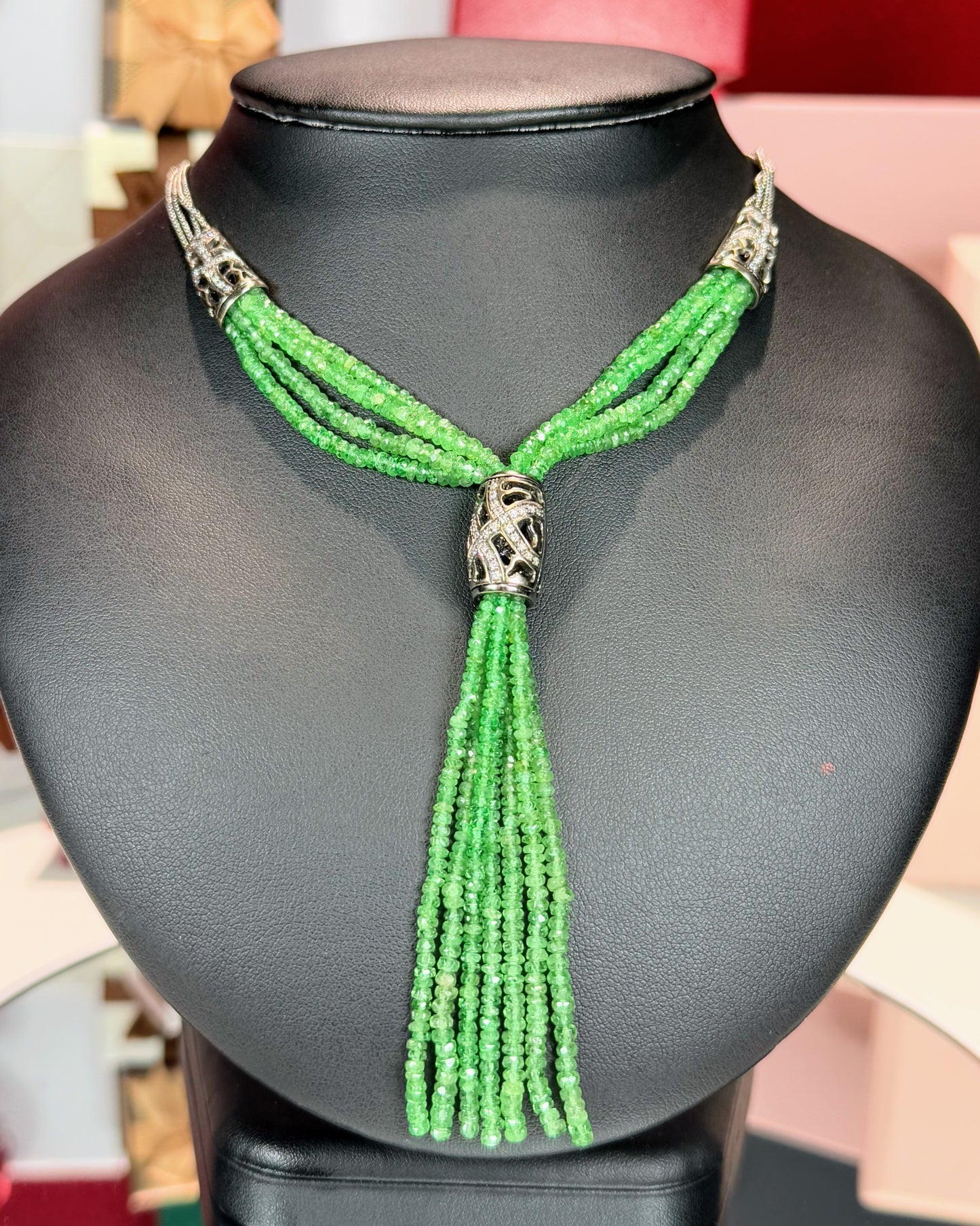 14k White Gold Emerald Tassel Necklace