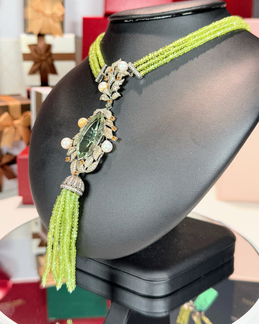 14k White Gold Peridot Tassel Necklace