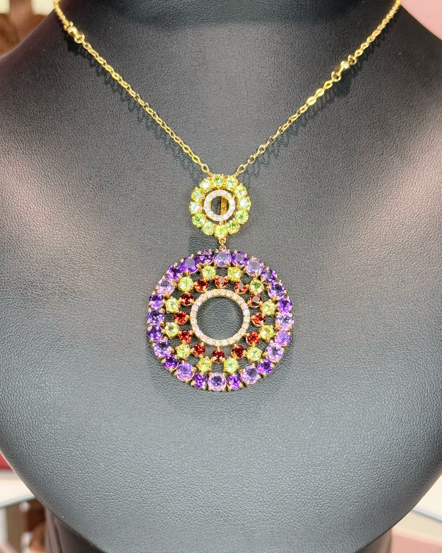 14k Yellow Gold Colorful Gemstones Pendant Necklace