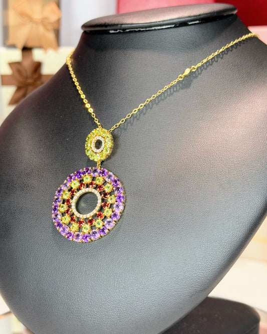 14k Yellow Gold Colorful Gemstones Pendant Necklace