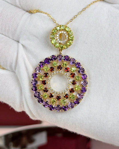 14k Yellow Gold Colorful Gemstones Pendant Necklace