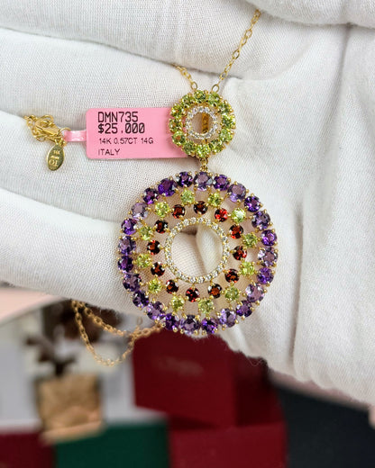 14k Yellow Gold Colorful Gemstones Pendant Necklace