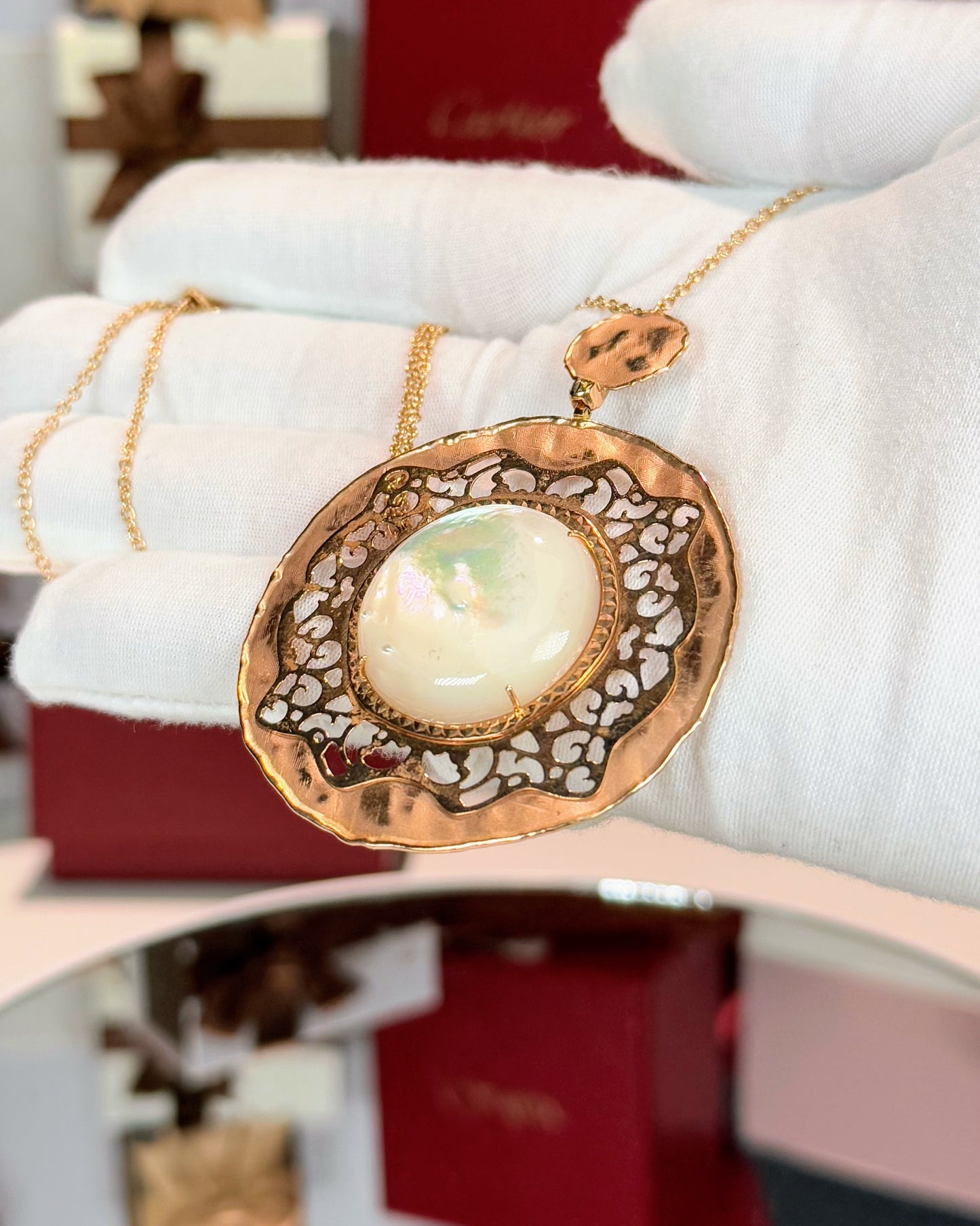 Mother of Pearl Filigree 14k Rose Gold Pendant Necklace