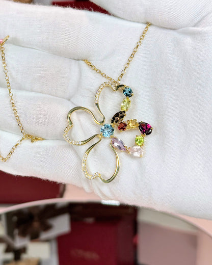 Assorted Colorstones Four Leaf Clover Design 14k Yellow Gold Pendant Necklace