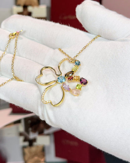 Assorted Colorstones Four Leaf Clover Design 14k Yellow Gold Pendant Necklace