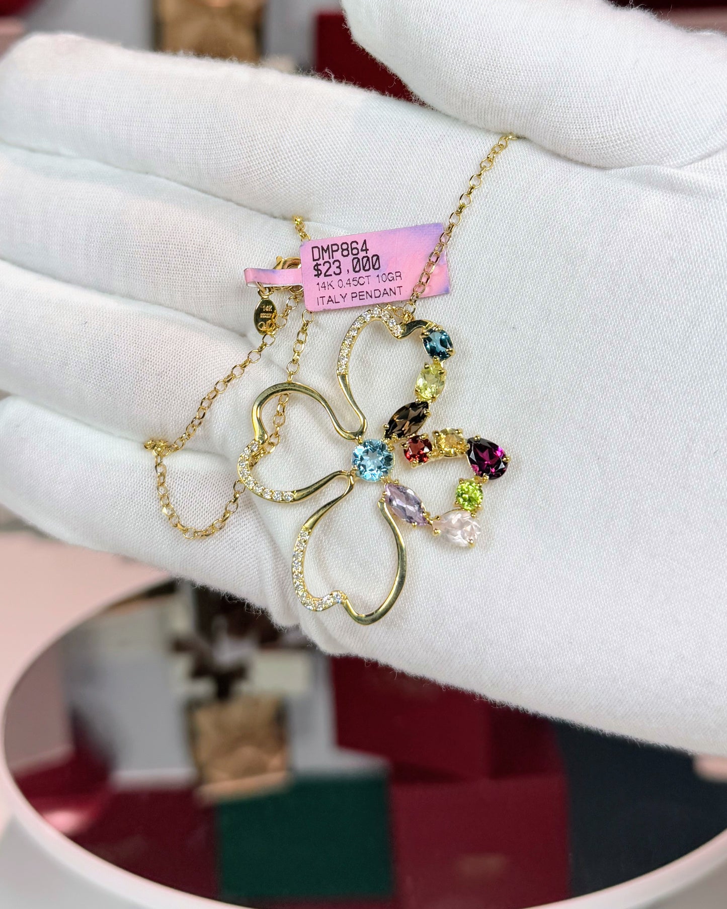 Assorted Colorstones Four Leaf Clover Design 14k Yellow Gold Pendant Necklace