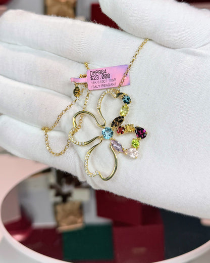 Assorted Colorstones Four Leaf Clover Design 14k Yellow Gold Pendant Necklace