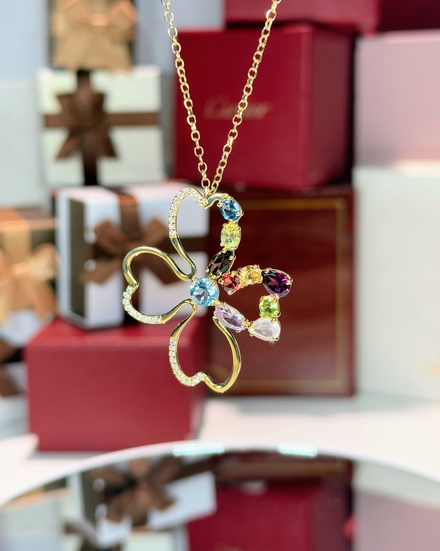 Assorted Colorstones Four Leaf Clover Design 14k Yellow Gold Pendant Necklace
