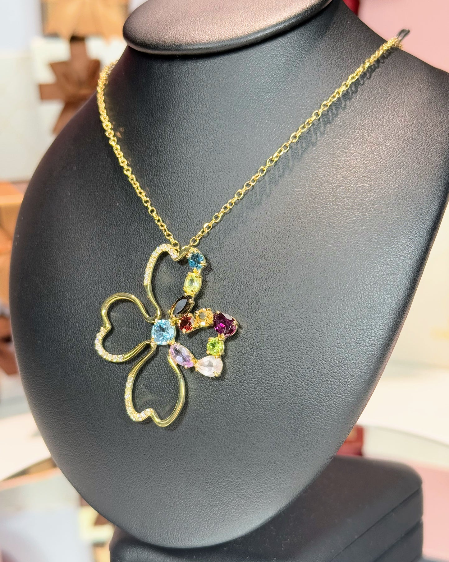 Assorted Colorstones Four Leaf Clover Design 14k Yellow Gold Pendant Necklace