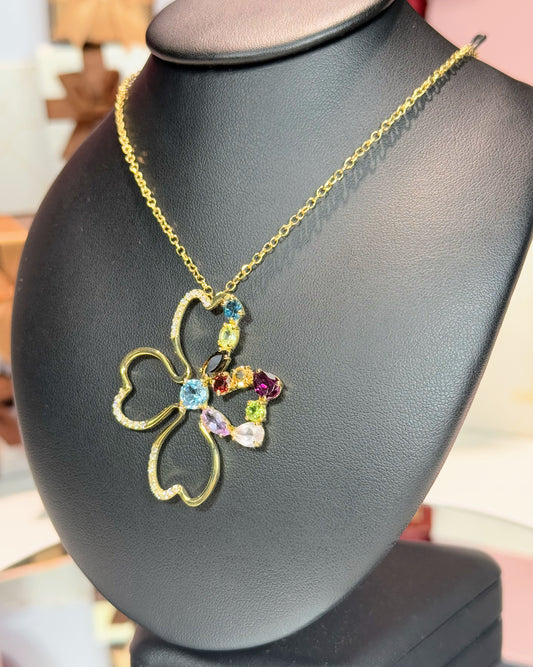 Assorted Colorstones Four Leaf Clover Design 14k Yellow Gold Pendant Necklace