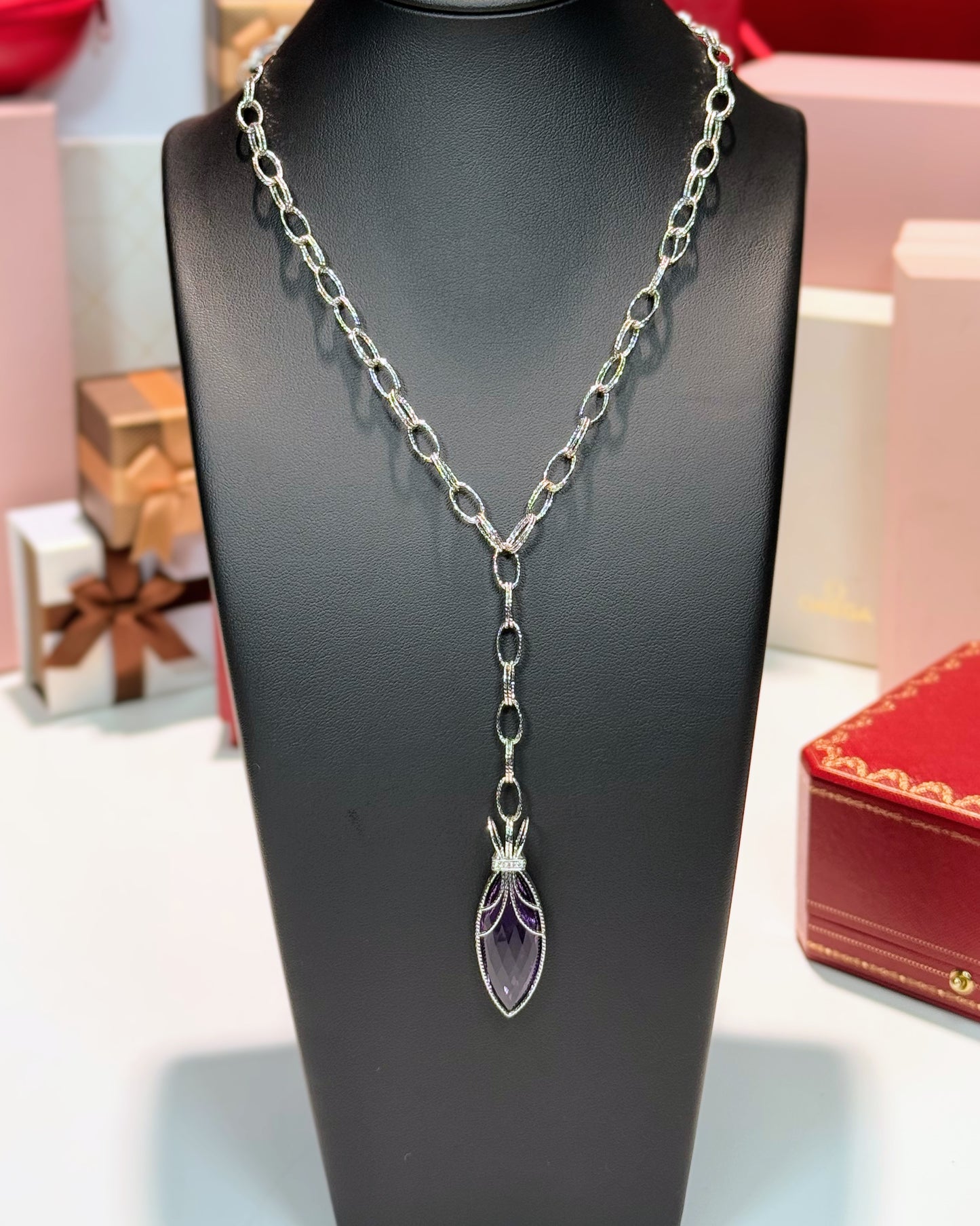 Amethyst Crown 14k White Gold Lariat Necklace
