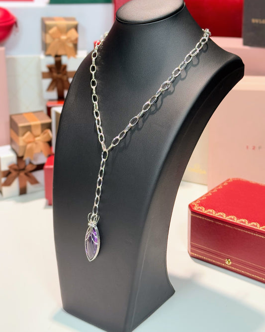 Amethyst Crown 14k White Gold Lariat Necklace