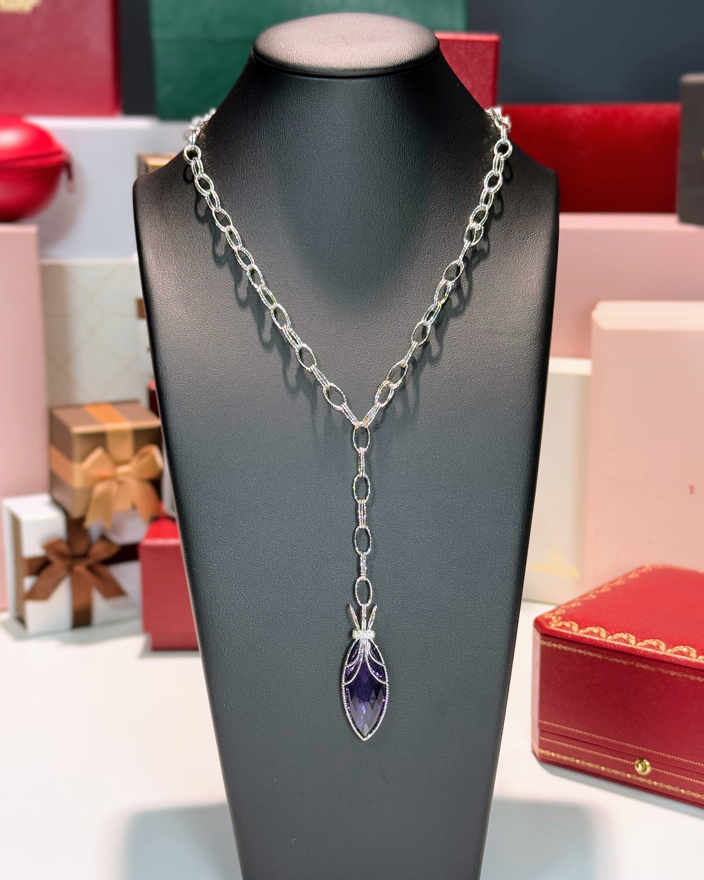 Amethyst Crown 14k White Gold Lariat Necklace