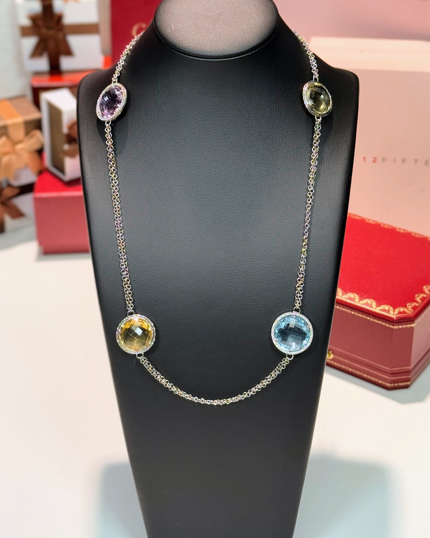 14k White Gold Colorstone Station Necklace