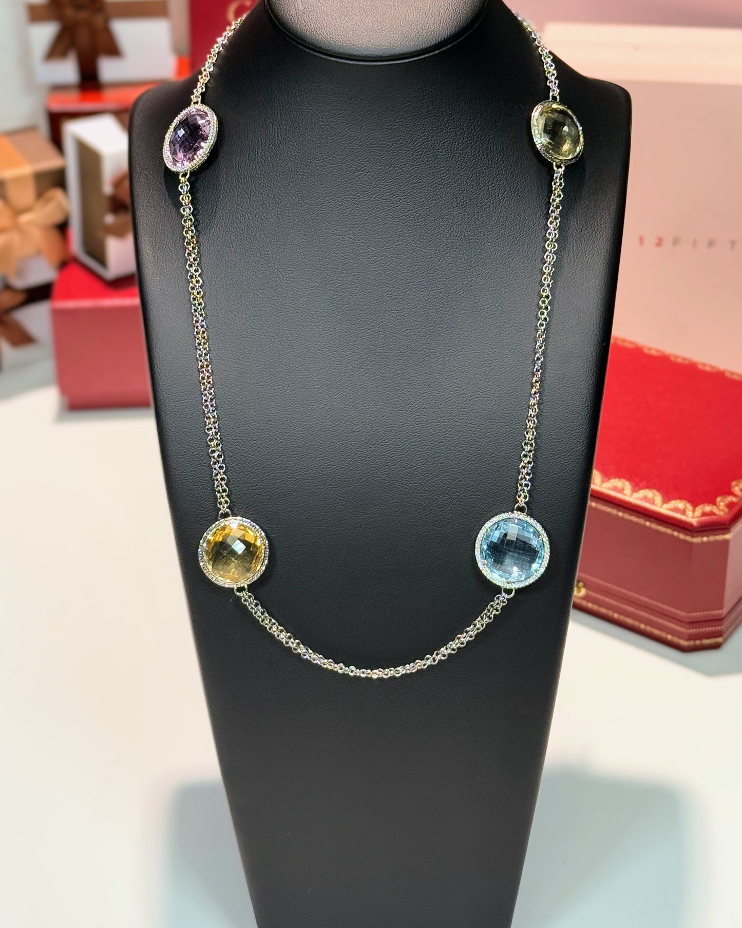 14k White Gold Colorstone Station Necklace