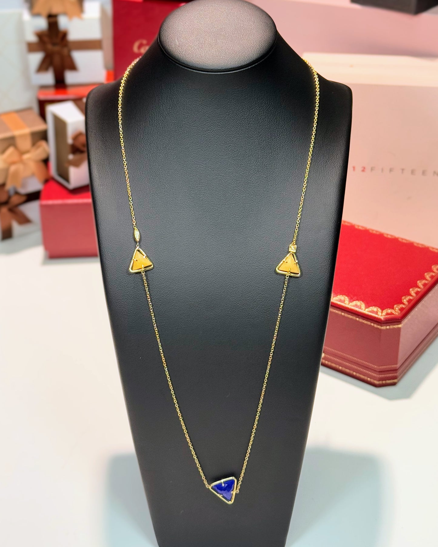 Triangle Lapis Lazuli 14k Yellow Gold Station Necklace