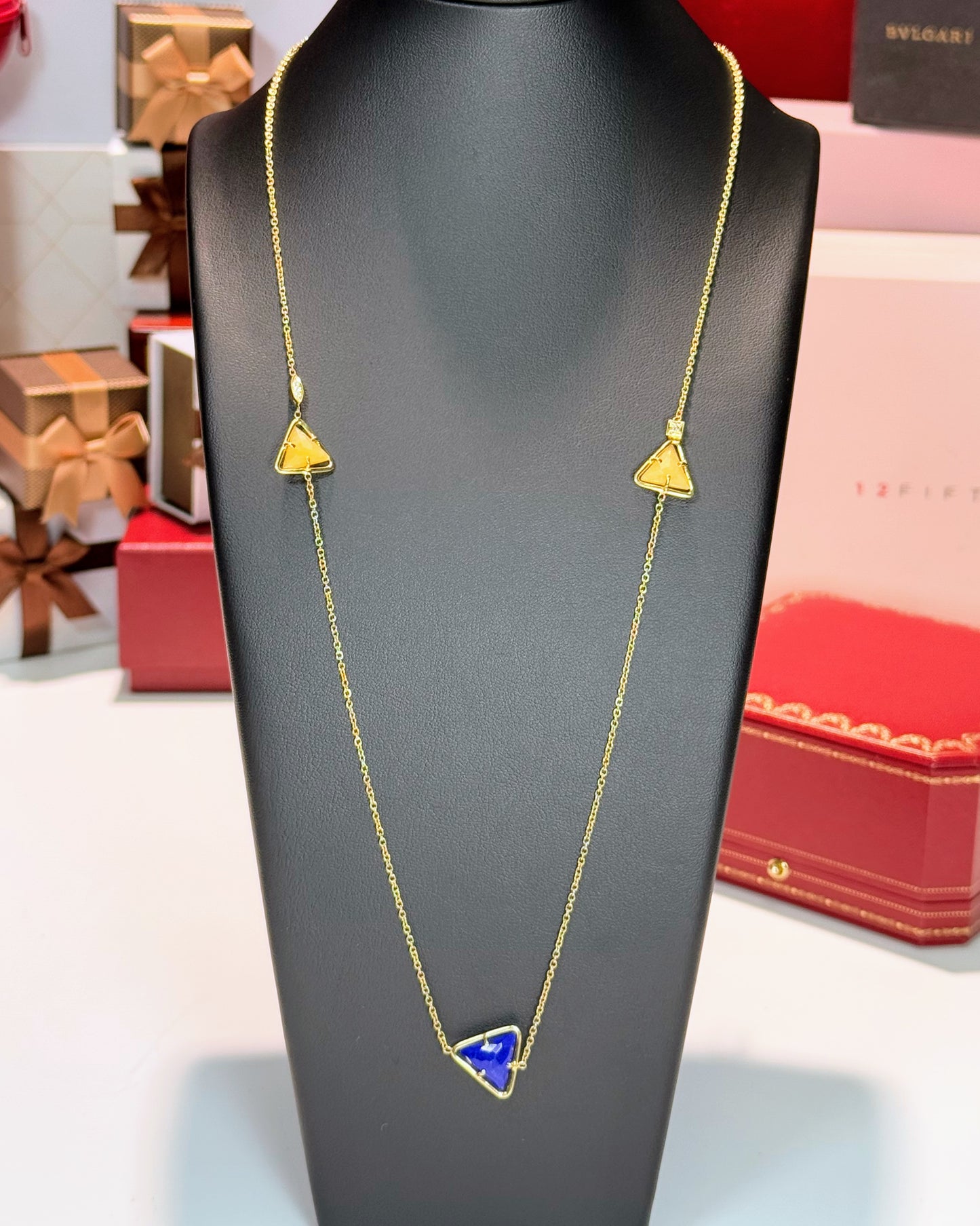 Triangle Lapis Lazuli 14k Yellow Gold Station Necklace
