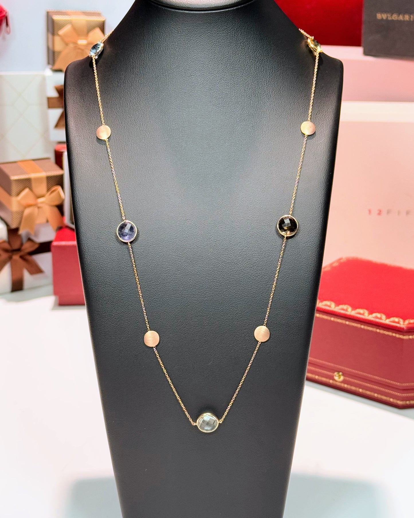14k Rose Gold Assorted Colorstones Station Necklace