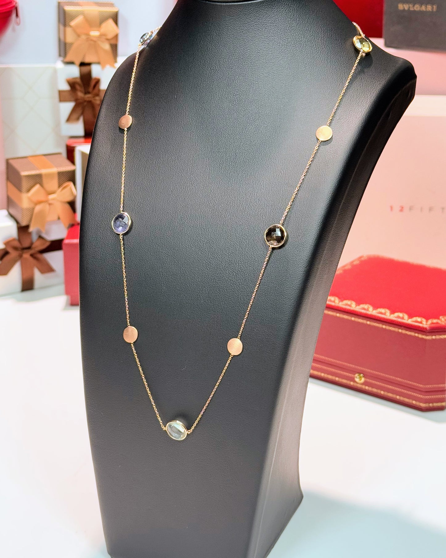 14k Rose Gold Assorted Colorstones Station Necklace