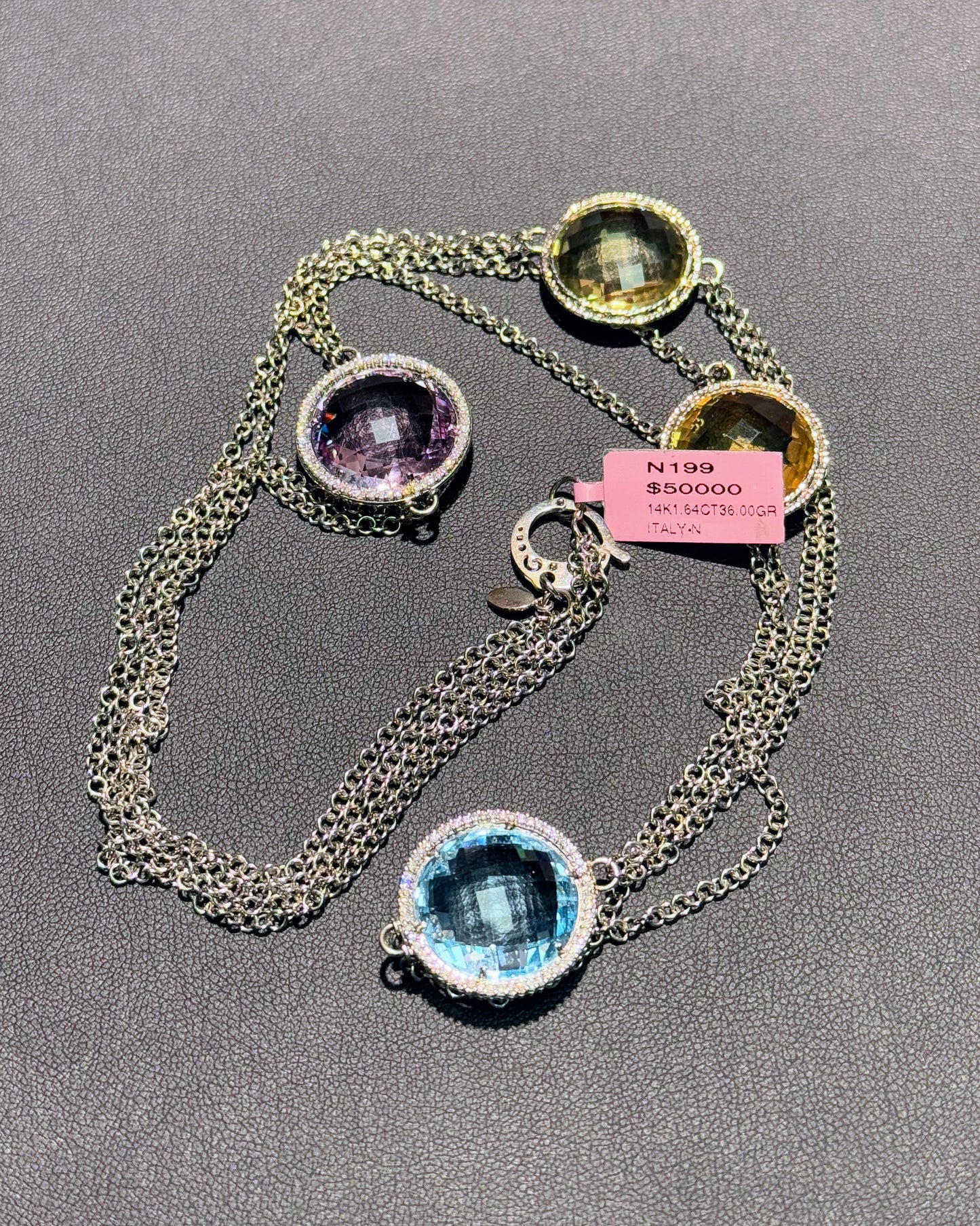 14k White Gold Colorstone Station Necklace