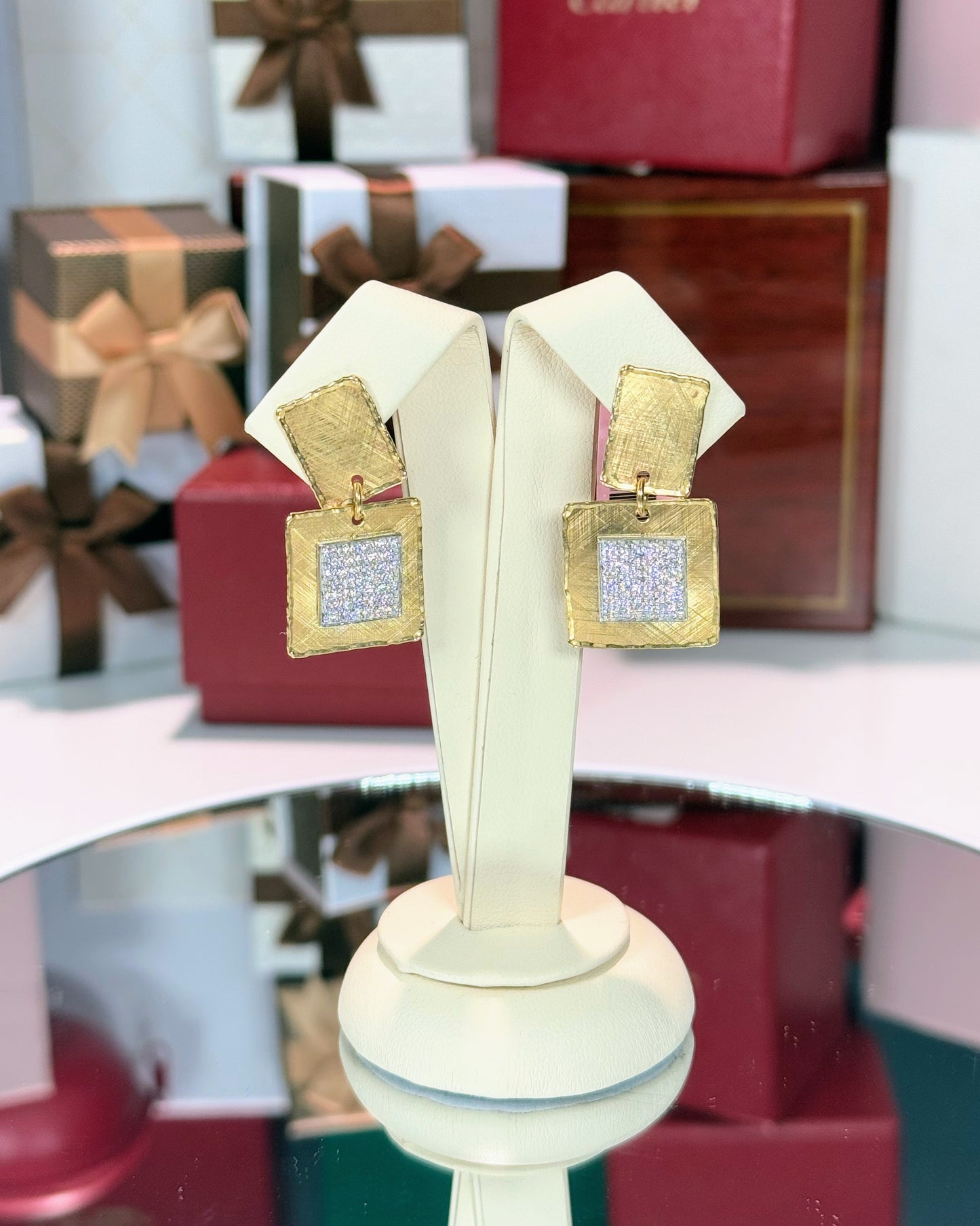 Square 14k Yellow Gold Diamond Earrings