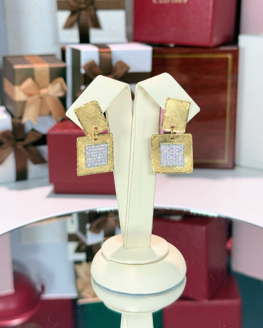 Square 14k Yellow Gold Diamond Earrings