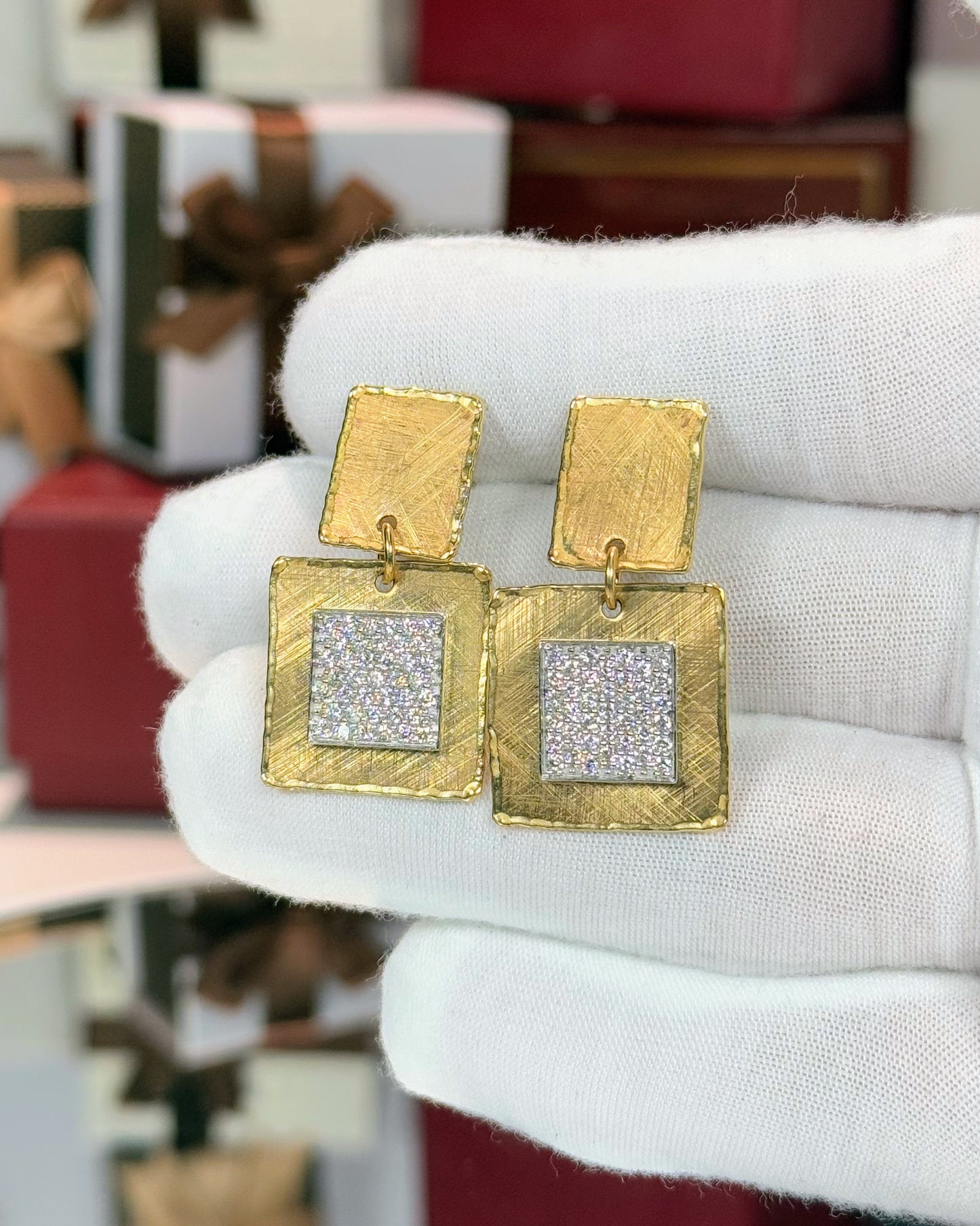 Square 14k Yellow Gold Diamond Earrings