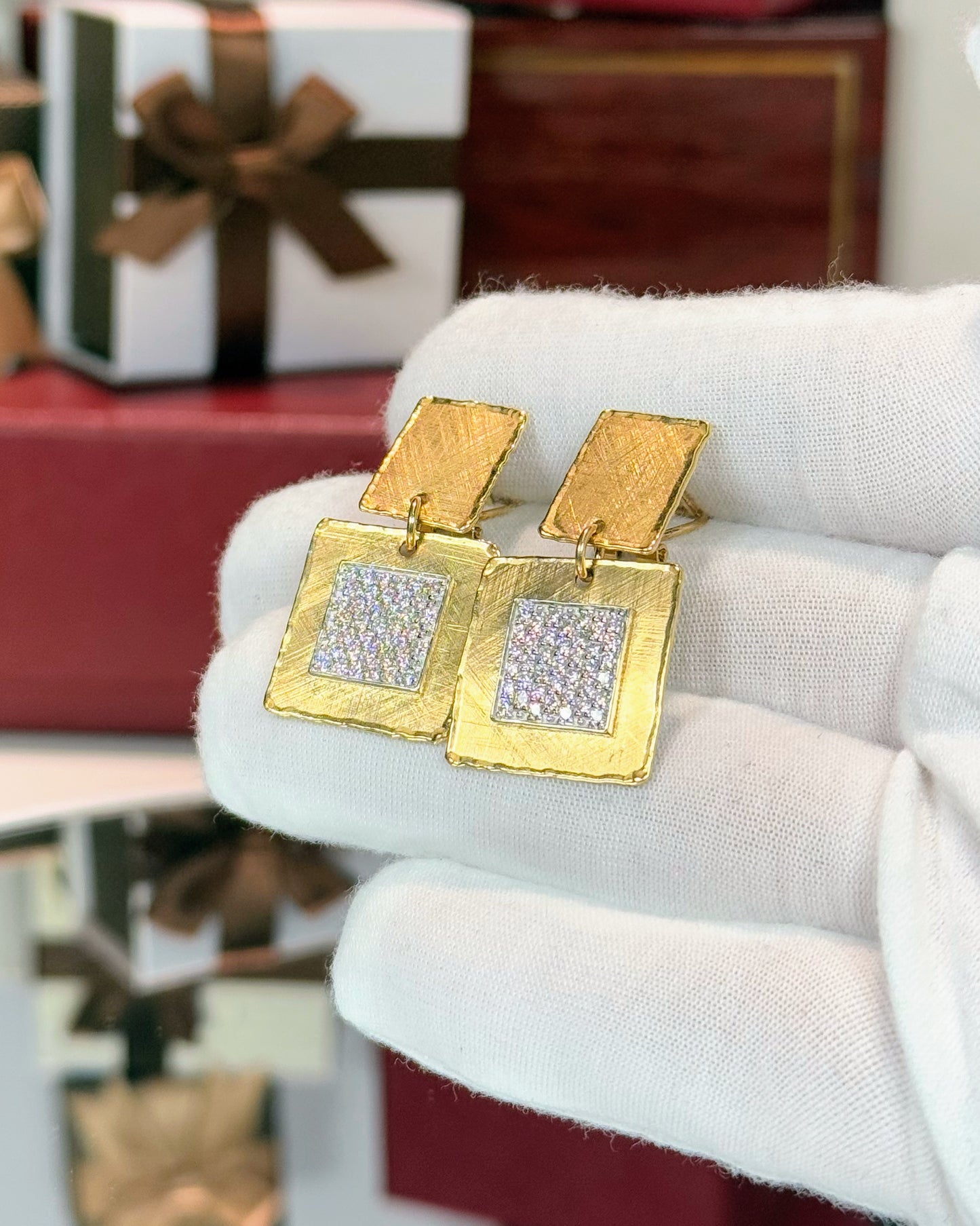 Square 14k Yellow Gold Diamond Earrings