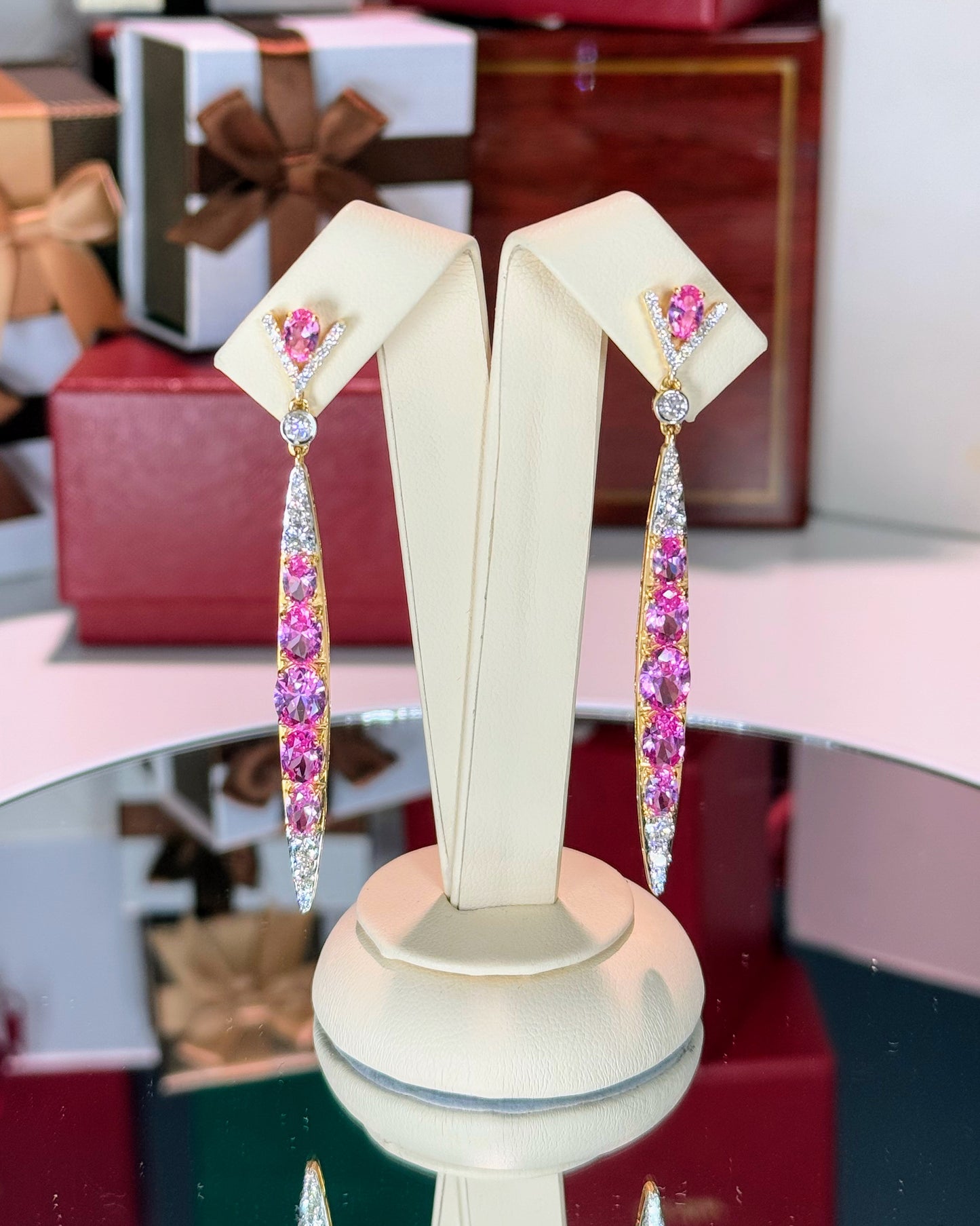 Pink Sapphire and Diamond 14k Yellow Gold Earrings