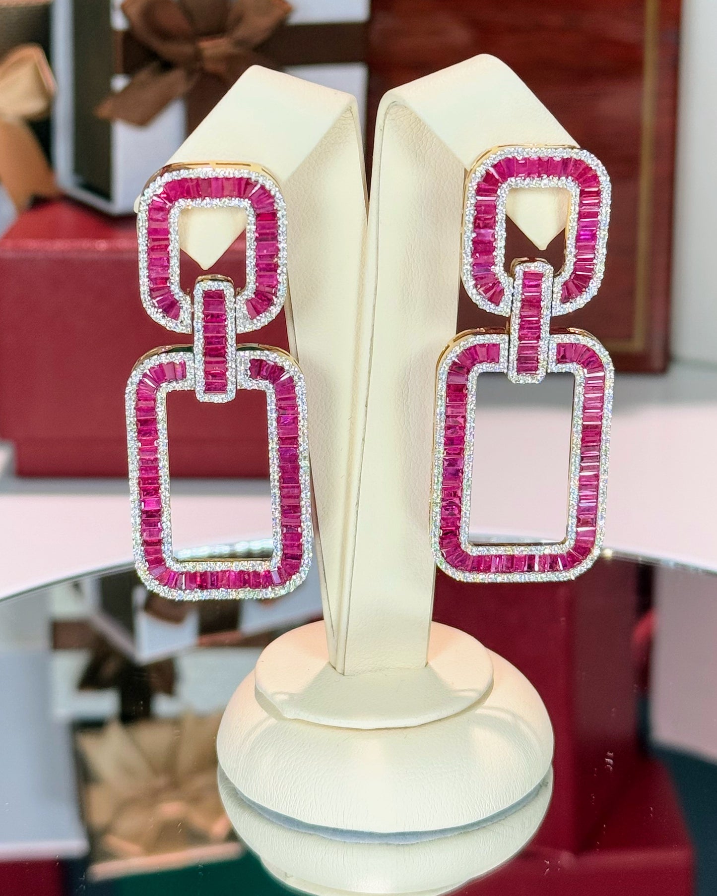 14k Yellow Gold Invisible Setting Ruby and Diamond Earrings