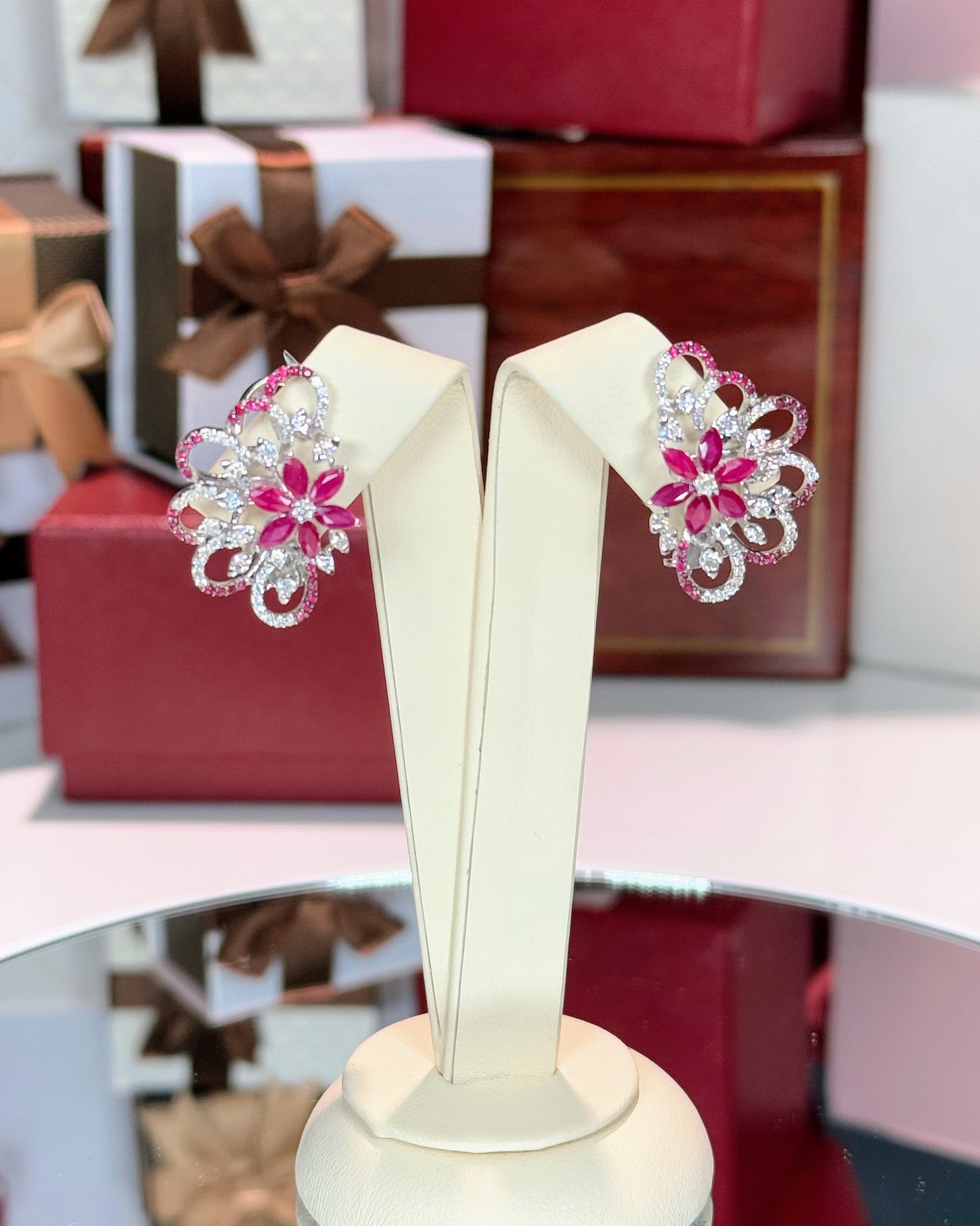Diamond and Ruby 14k White Gold Earrings