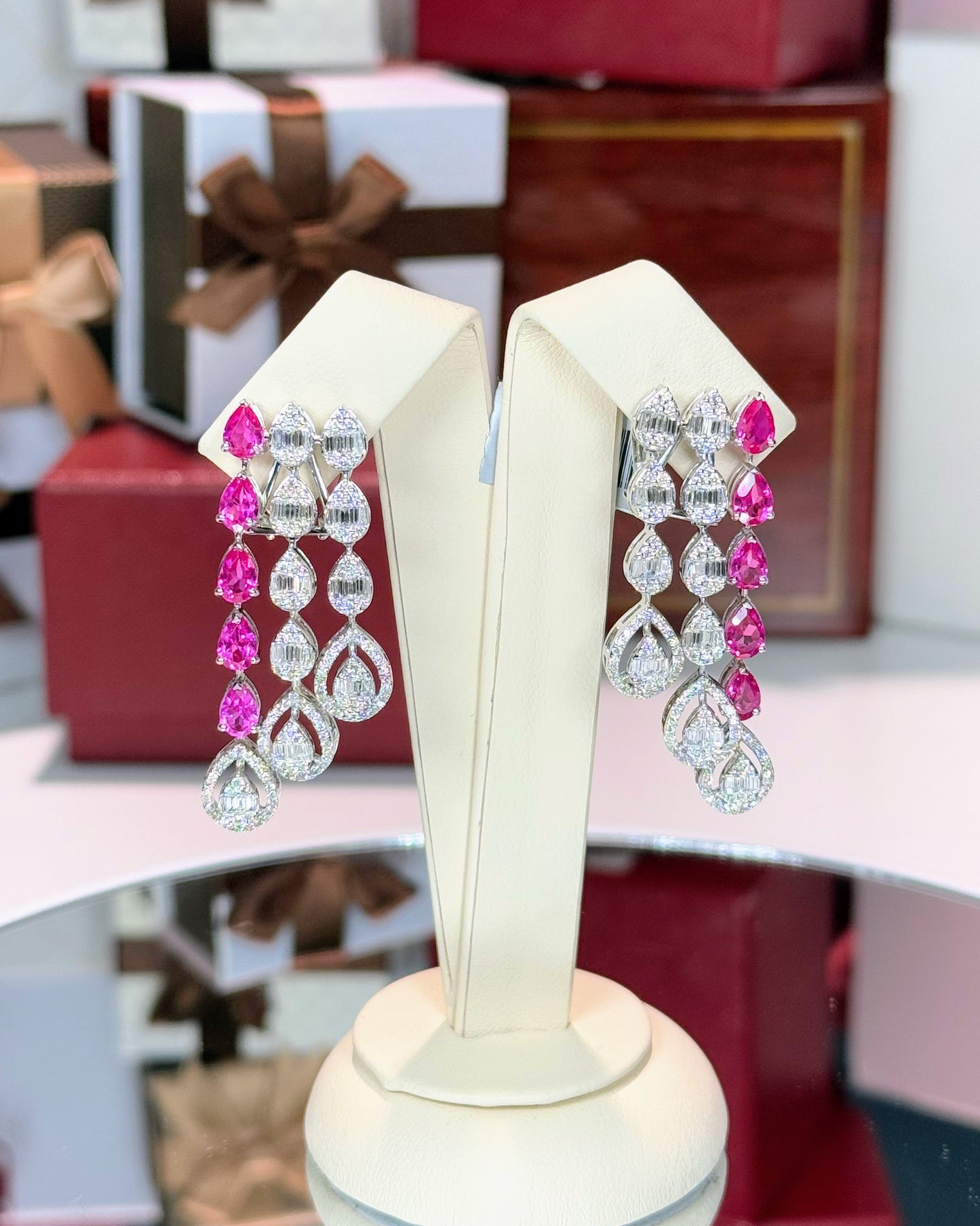 14k White Gold Raindrops Pink Sapphire and Diamond Earrings