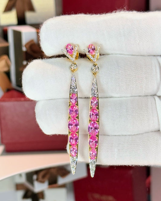 Pink Sapphire and Diamond 14k Yellow Gold Earrings