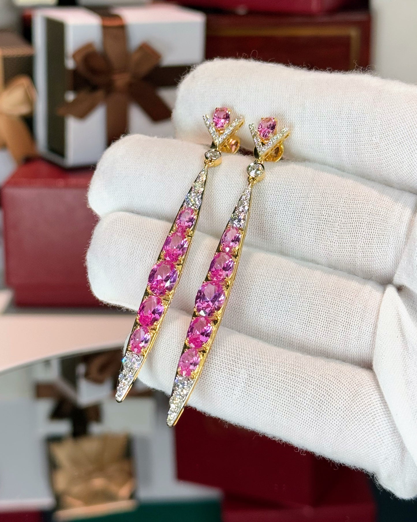 Pink Sapphire and Diamond 14k Yellow Gold Earrings