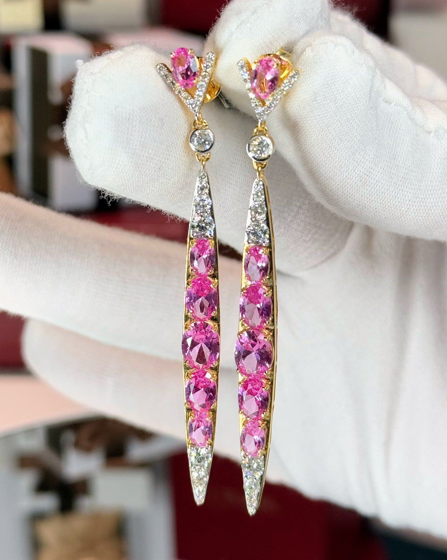Pink Sapphire and Diamond 14k Yellow Gold Earrings