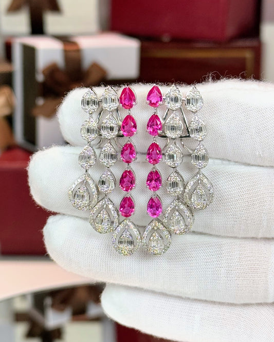 14k White Gold Raindrops Pink Sapphire and Diamond Earrings