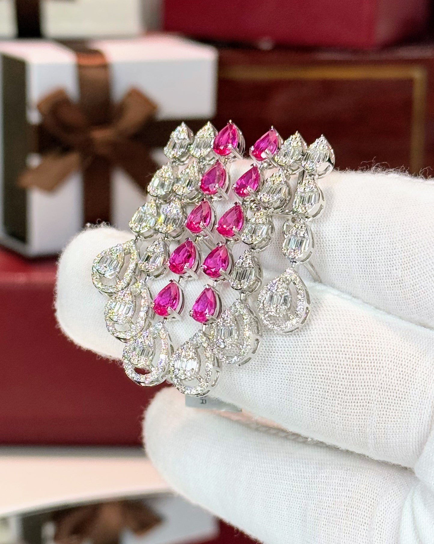 14k White Gold Raindrops Pink Sapphire and Diamond Earrings