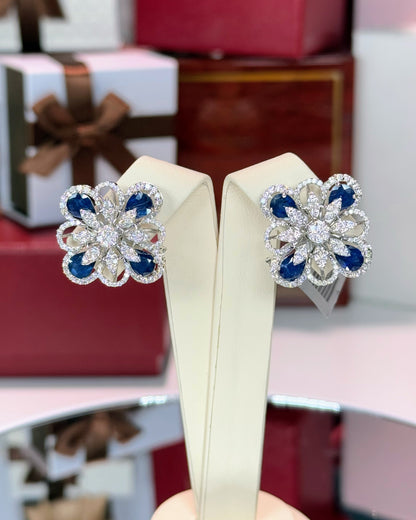Diamond and Sapphire Flower 14k White Gold Earrings
