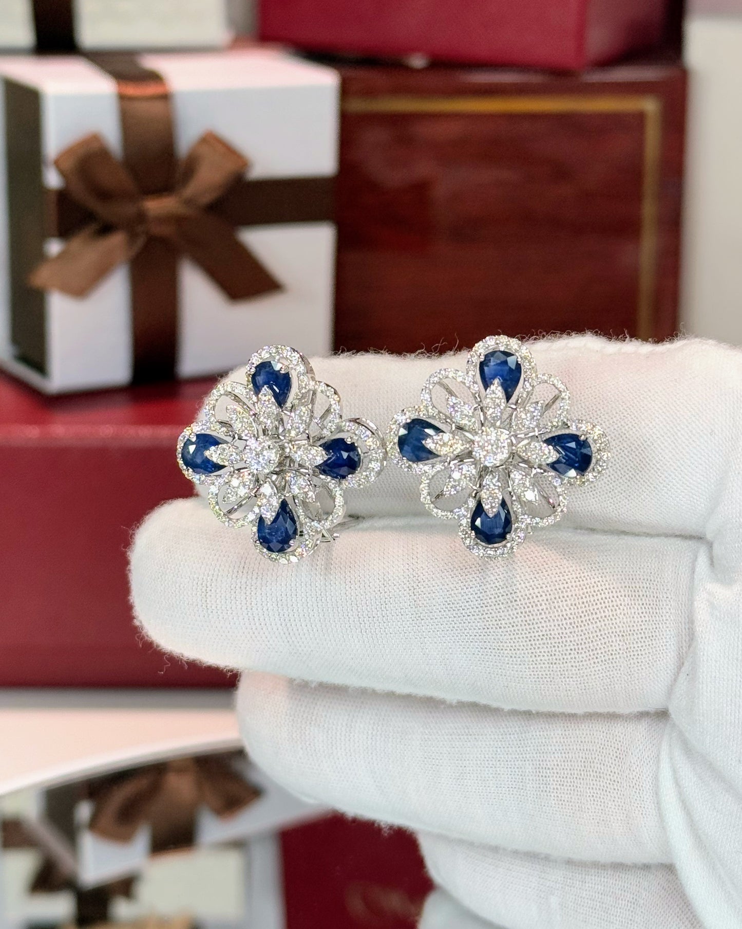Diamond and Sapphire Flower 14k White Gold Earrings