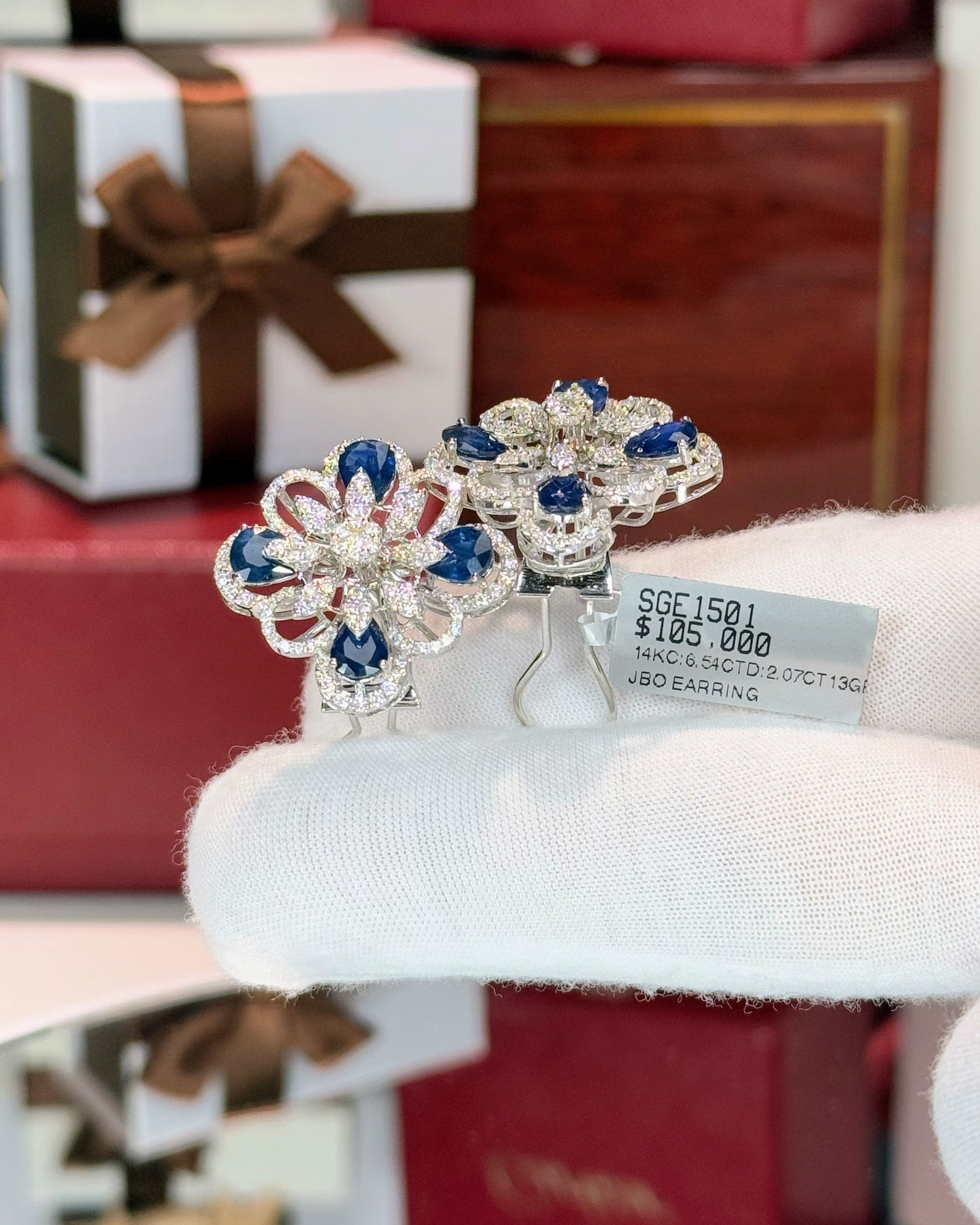 Diamond and Sapphire Flower 14k White Gold Earrings